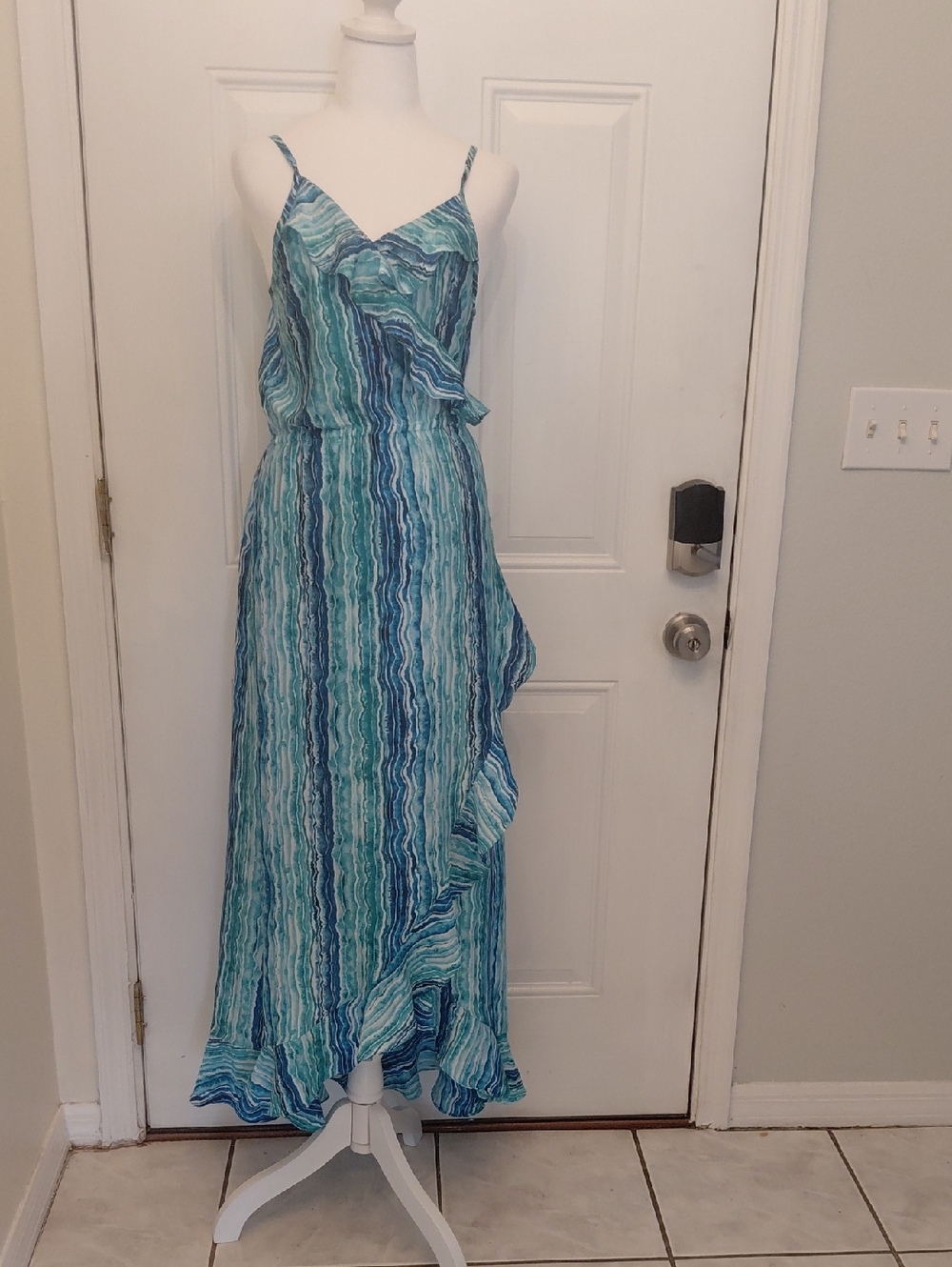 Tommy Bahama Teal and Blue Striped Ruffle Maxi Dress